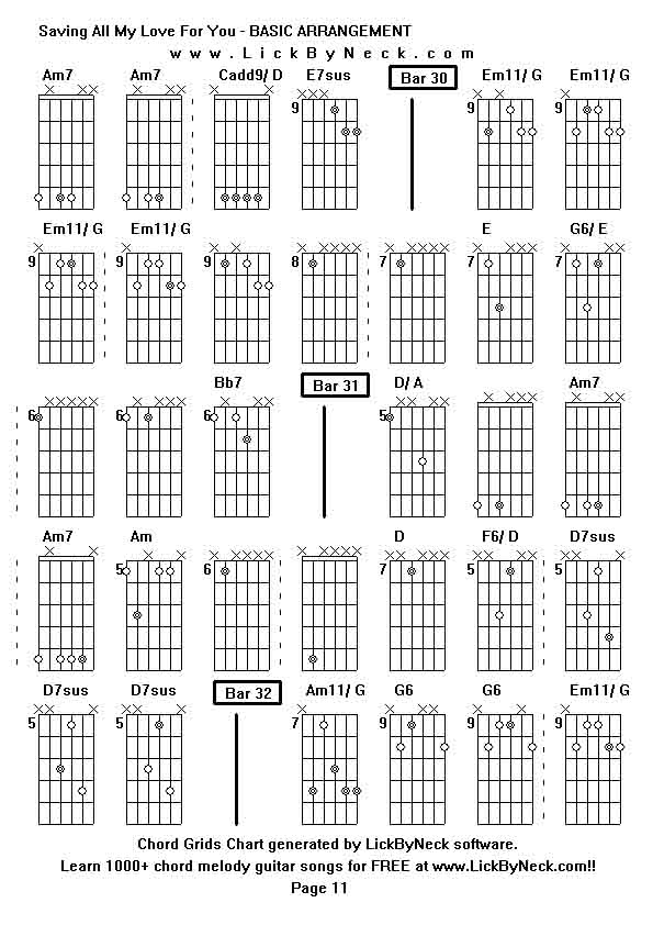 Chord Grids Chart of chord melody fingerstyle guitar song-Saving All My Love For You - BASIC ARRANGEMENT,generated by LickByNeck software.